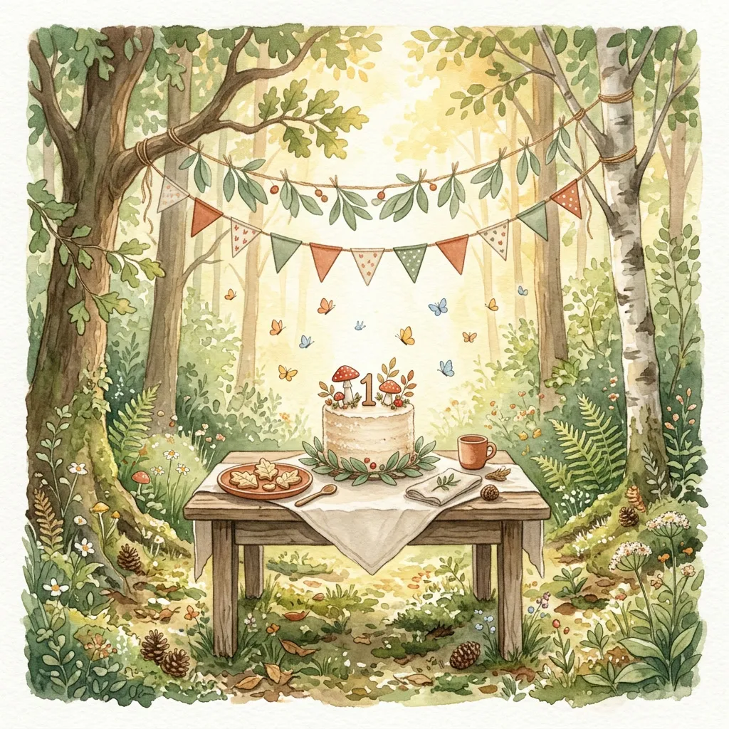 Mesa dulce de primer añito en un claro del bosque con torta y guirnalda de hojas
