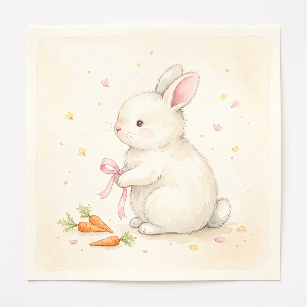 Conejito blanco tierno con moño rosa polvo y zanahorias