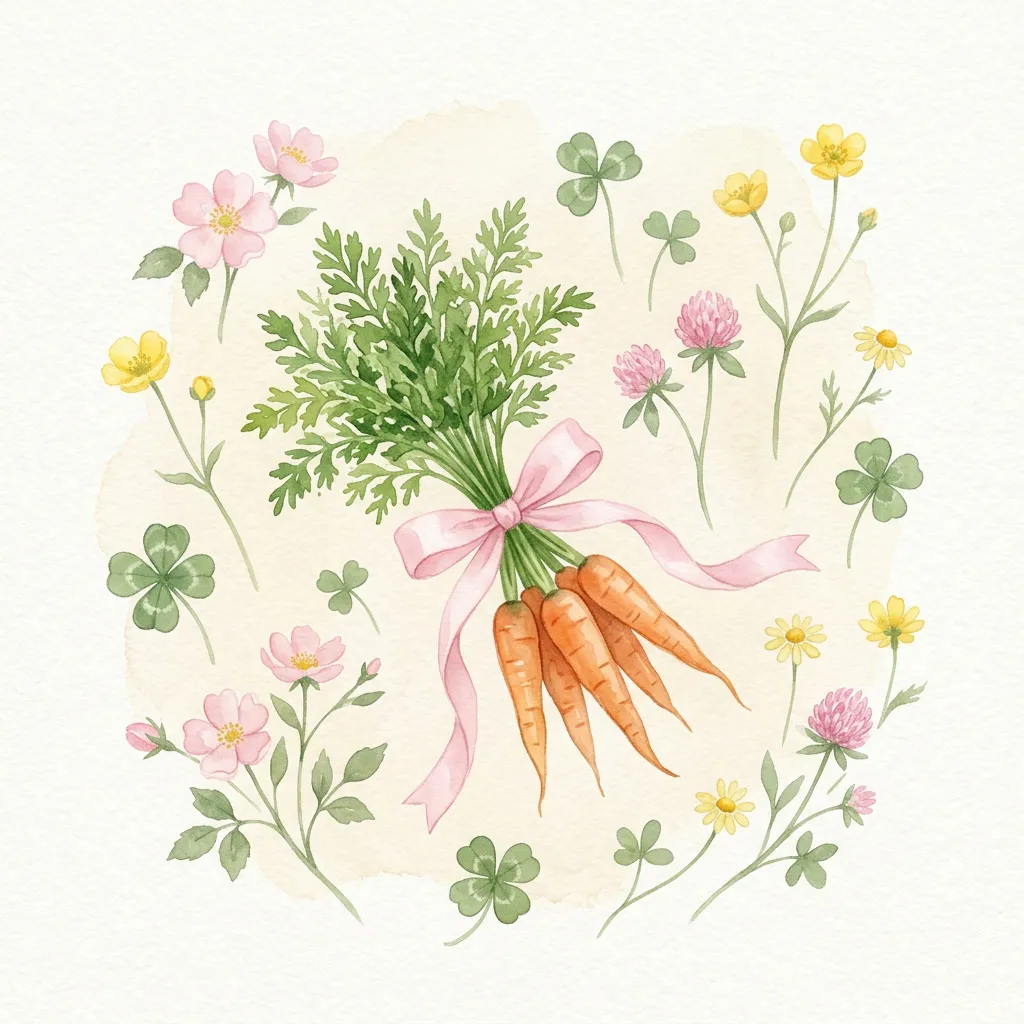 Manojo de zanahorias atadas con cinta rosa y flores silvestres