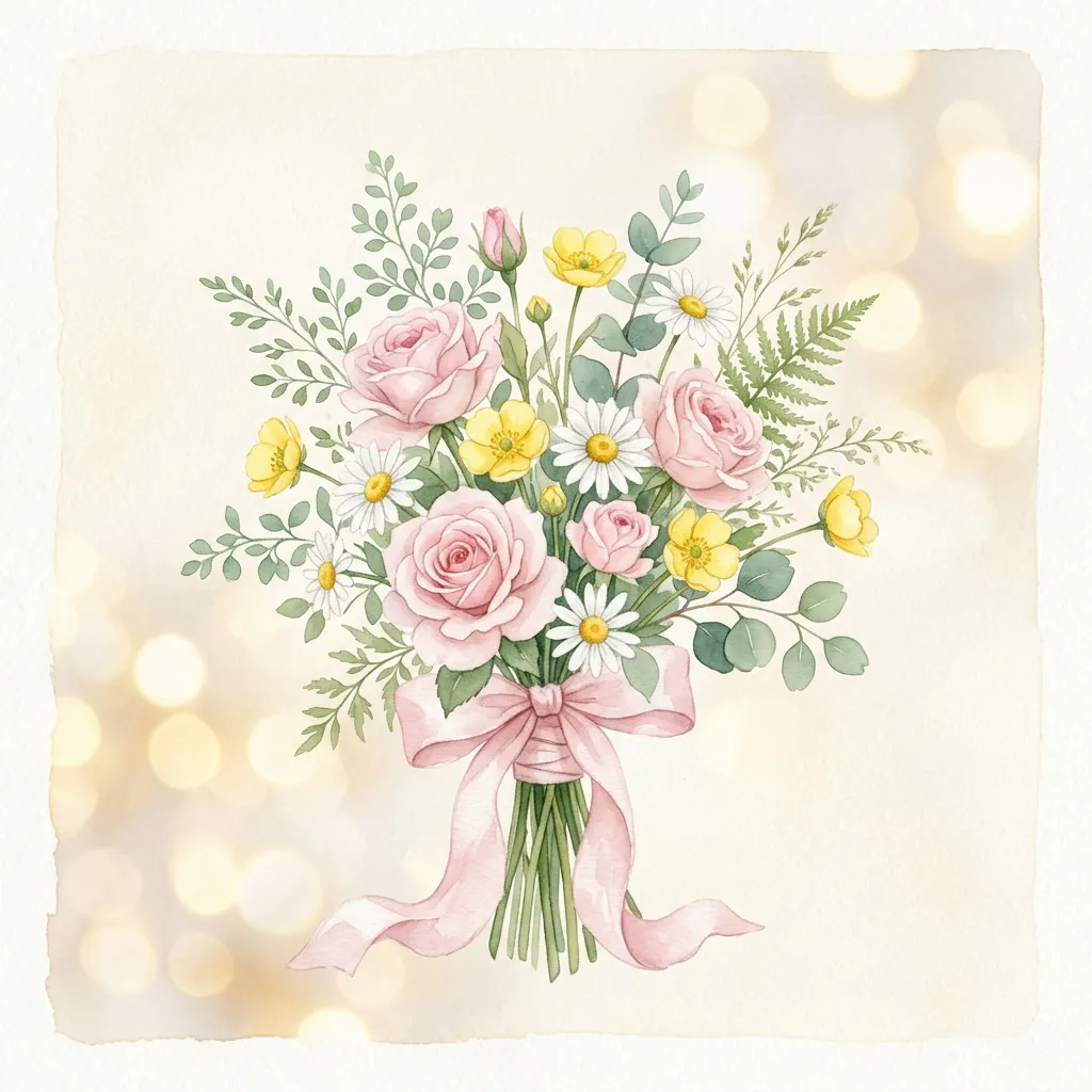 Bouquet de flores silvestres rosadas y manteca con cinta rosa