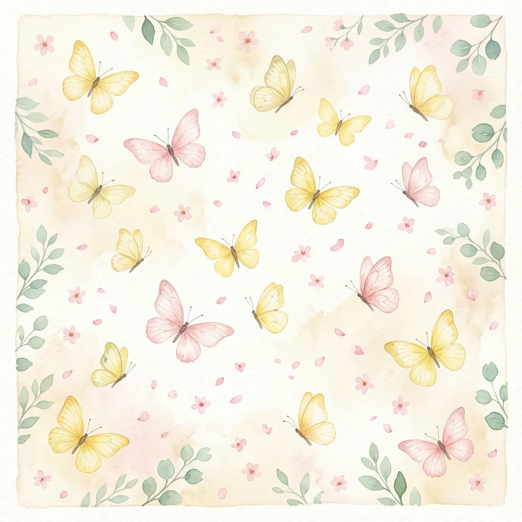 Mariposas pastel volando entre pétalos rosa y hojitas sage
