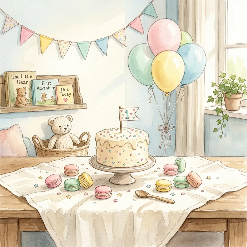 Mesa dulce festiva con torta, macarons y bouquet de globos