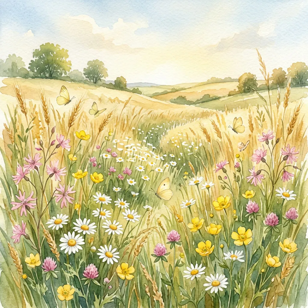 Pradera de flores silvestres con margaritas y mariposas amarillas