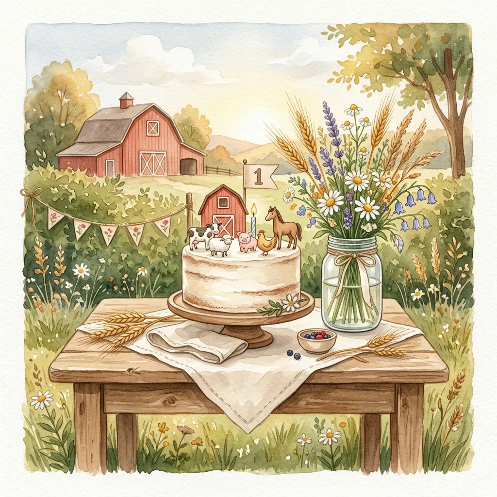 Mesa dulce de granja con torta, mason jars y espigas de trigo