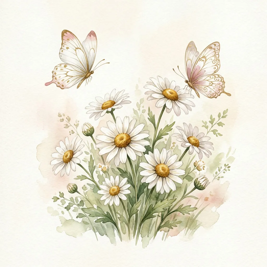 Margaritas blancas con mariposas pastel volando