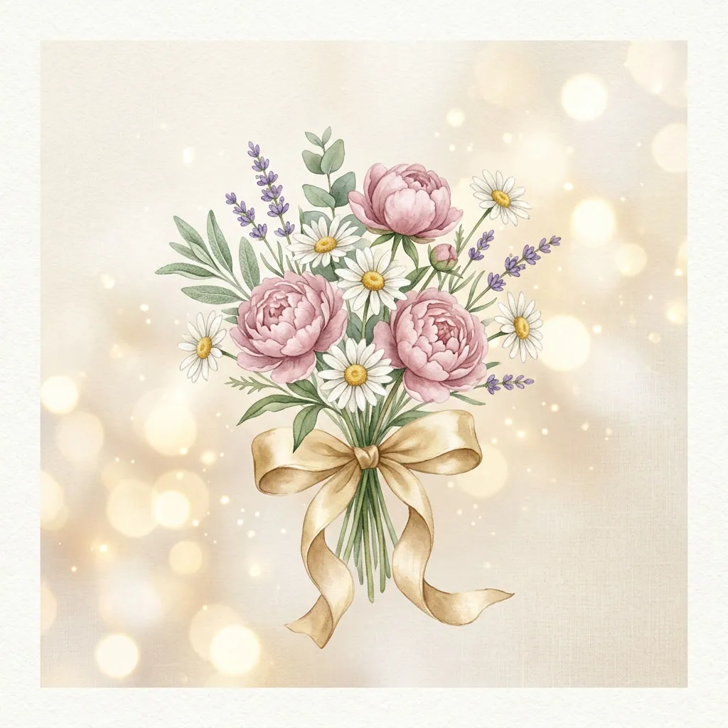 Bouquet de peonias con cinta dorada antigua