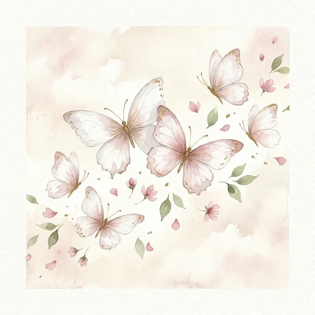 Mariposas pastel volando entre pétalos rosa polvo