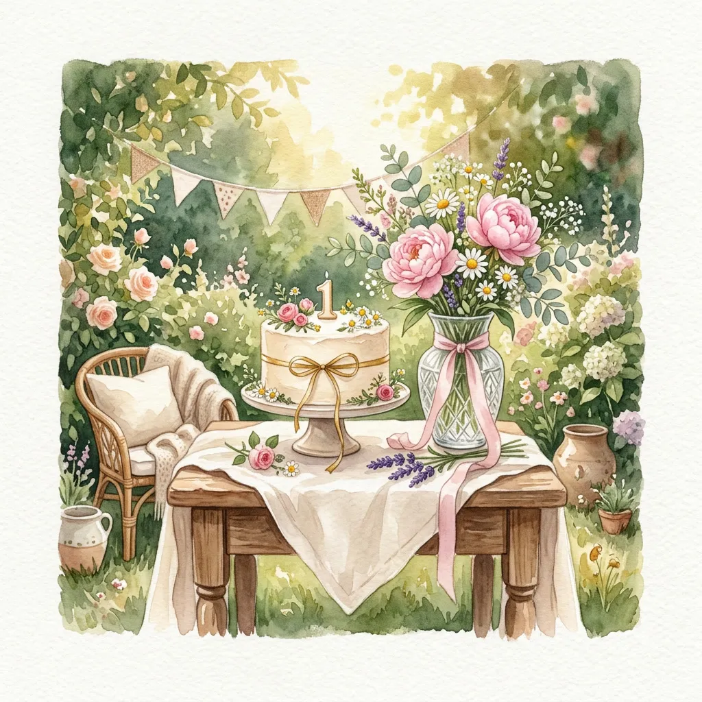 Mesa dulce de jardín con torta floral, vasos vintage y peonias