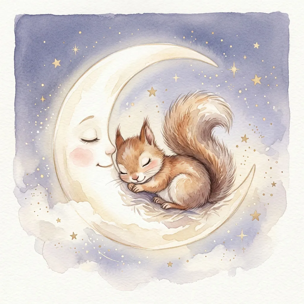 Ardillita bebé durmiendo en una luna crescent rodeada de estrellitas doradas