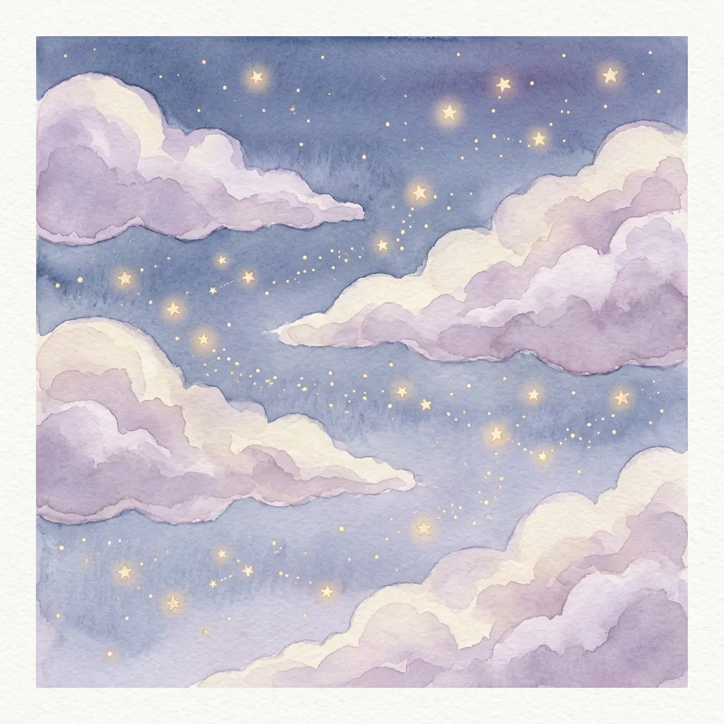 Nubes pastel y estrellitas doradas flotando en un cielo lavanda