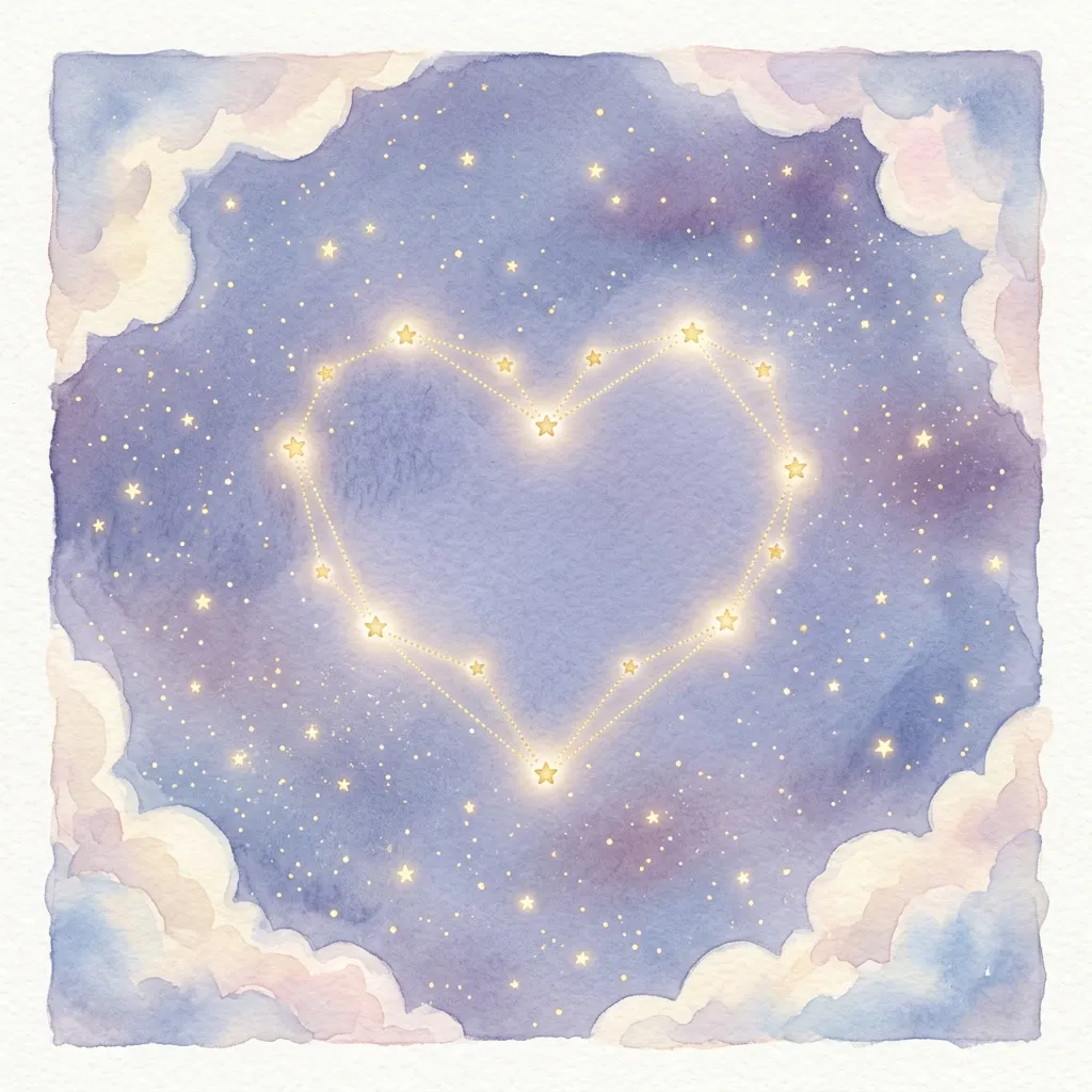Constelación de estrellas doradas formando un corazón en cielo nocturno