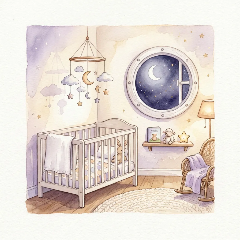 Nursery soñada con cuna y mobile de nubes bajo luna por la ventana