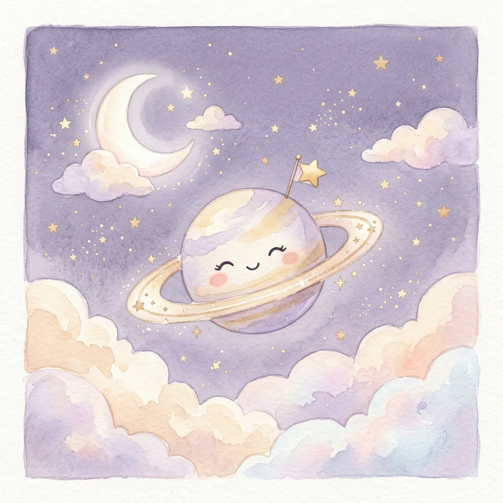 Saturno pastel con anillo dorado entre nubes y estrellas