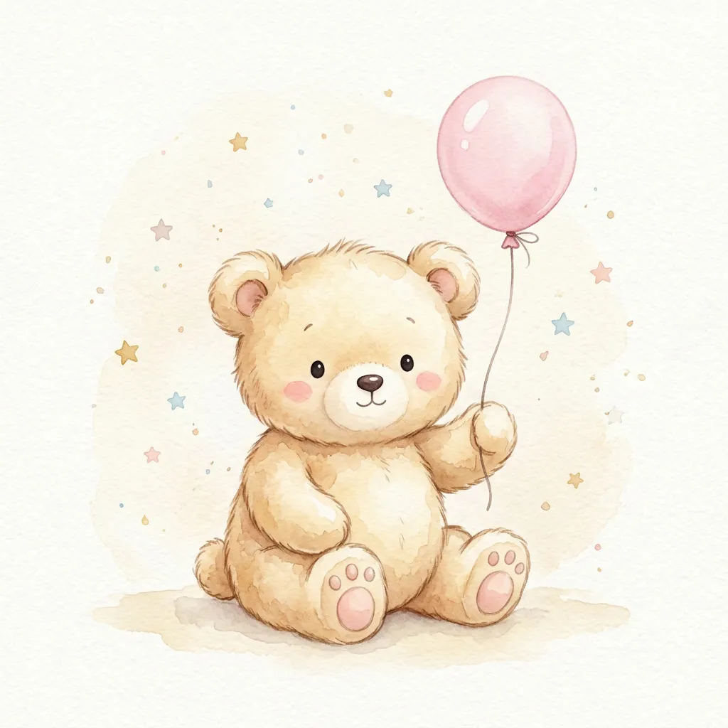 Osito de acuarela sosteniendo un globo rosa pastel