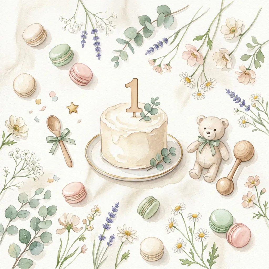 Mesa de cumpleaños de primer añito con torta, osito y macarons pastel