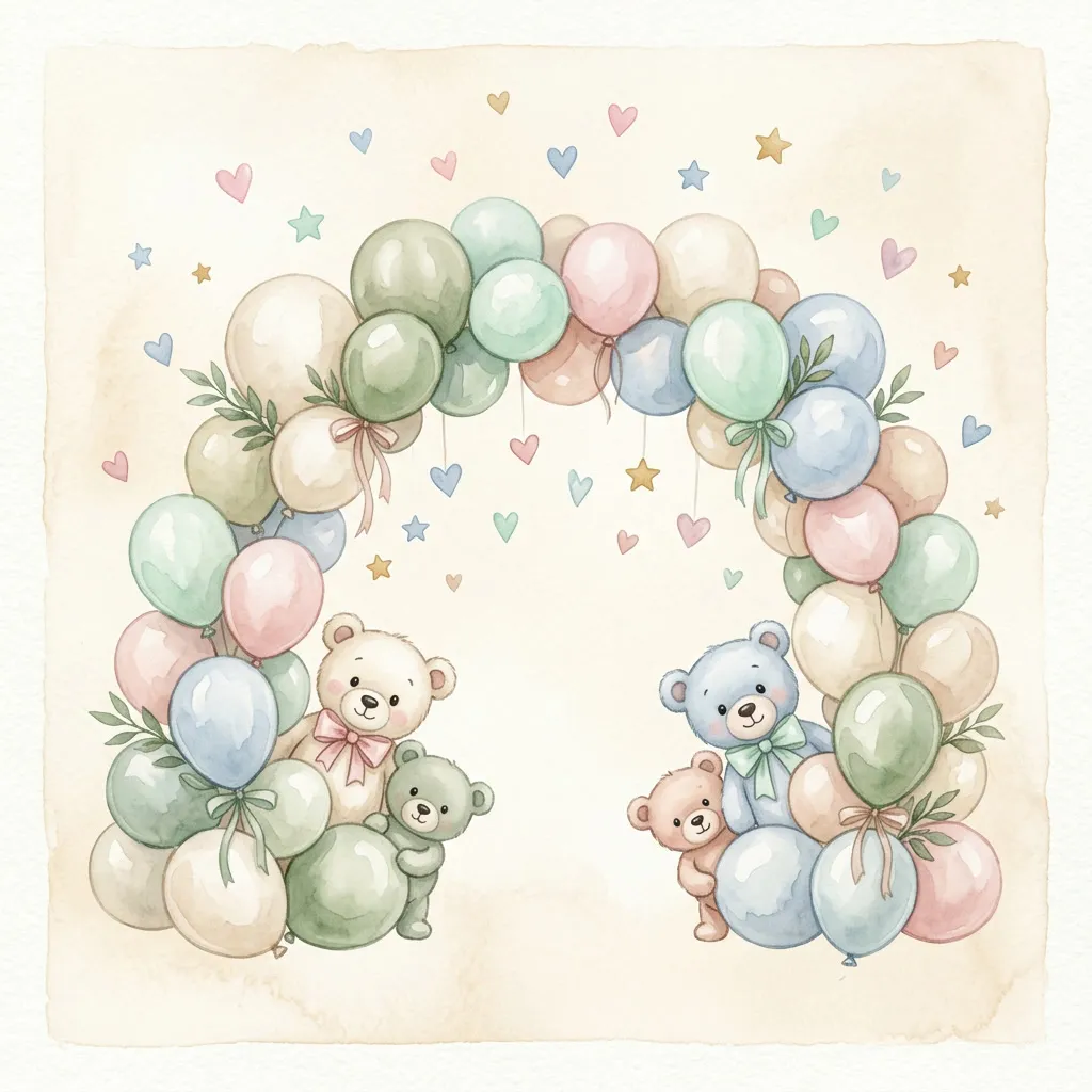 Arco de globos pastel con ositos asomándose