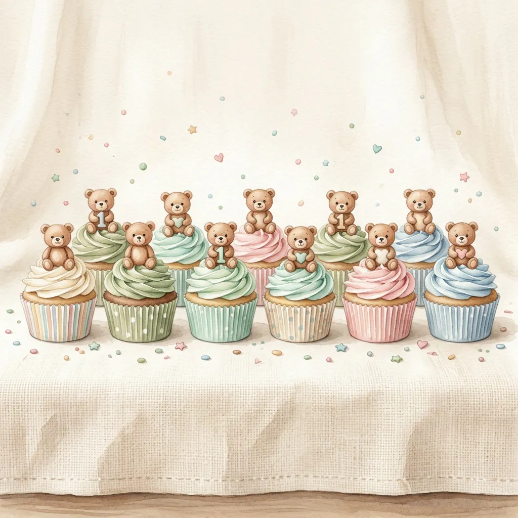 Cupcakes pastel con toppers de ositos sobre mantel crema