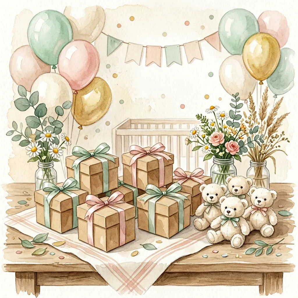 Souvenirs con moños sage y rosa junto a ositos de peluche
