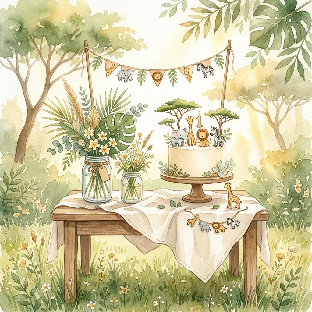 Mesa dulce de safari con torta cremita y mason jars con flores tropicales