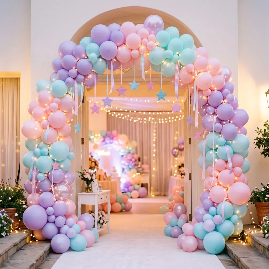 Instalación de globos pastel lavanda, cyan y rosa con estrellas colgantes y cintas
