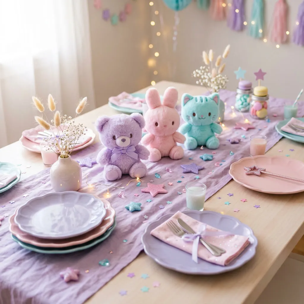 Colección de plushies pastel apilados con estrellas y sparkles alrededor