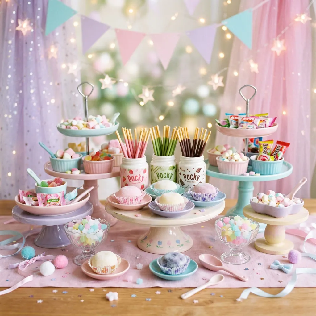 Mesa con dulces japoneses kawaii (mochi, pocky, candy pastel) en vajilla pastel