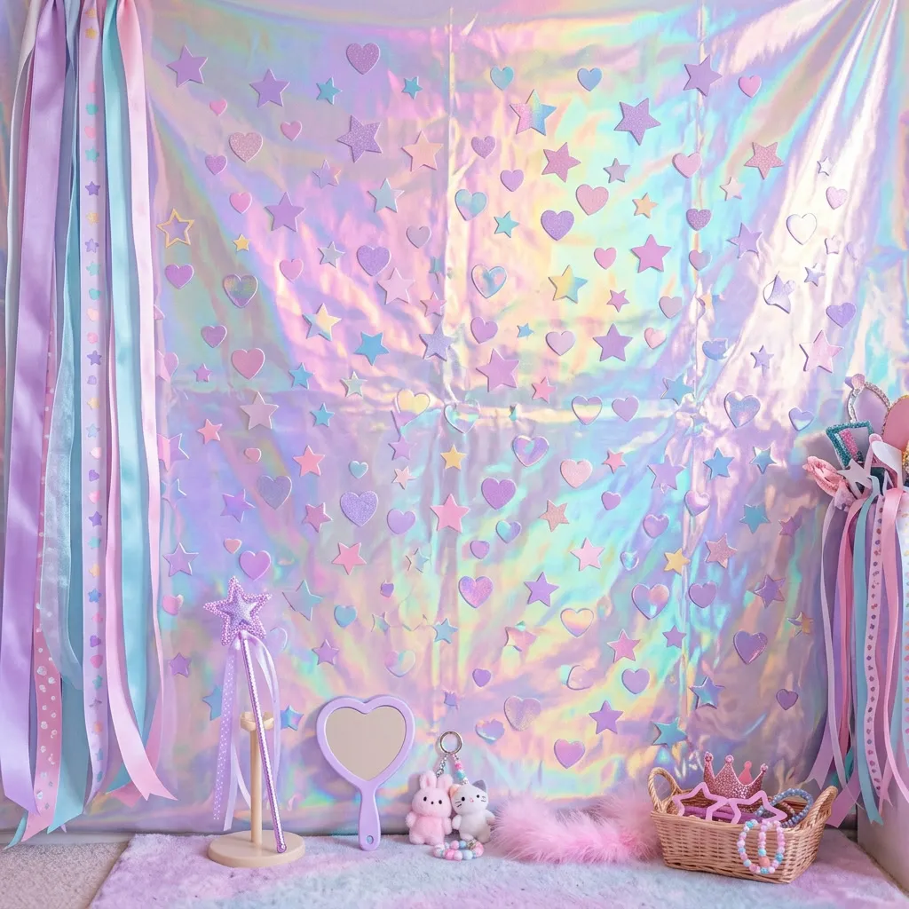 Pared holographic con stickers de estrellas y corazones, reflejos iridiscentes pastel