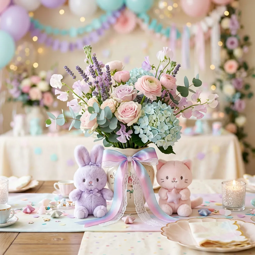 Bouquet pastel kawaii de flores rosa, lavanda y cyan con cintas iridiscentes y estrellas