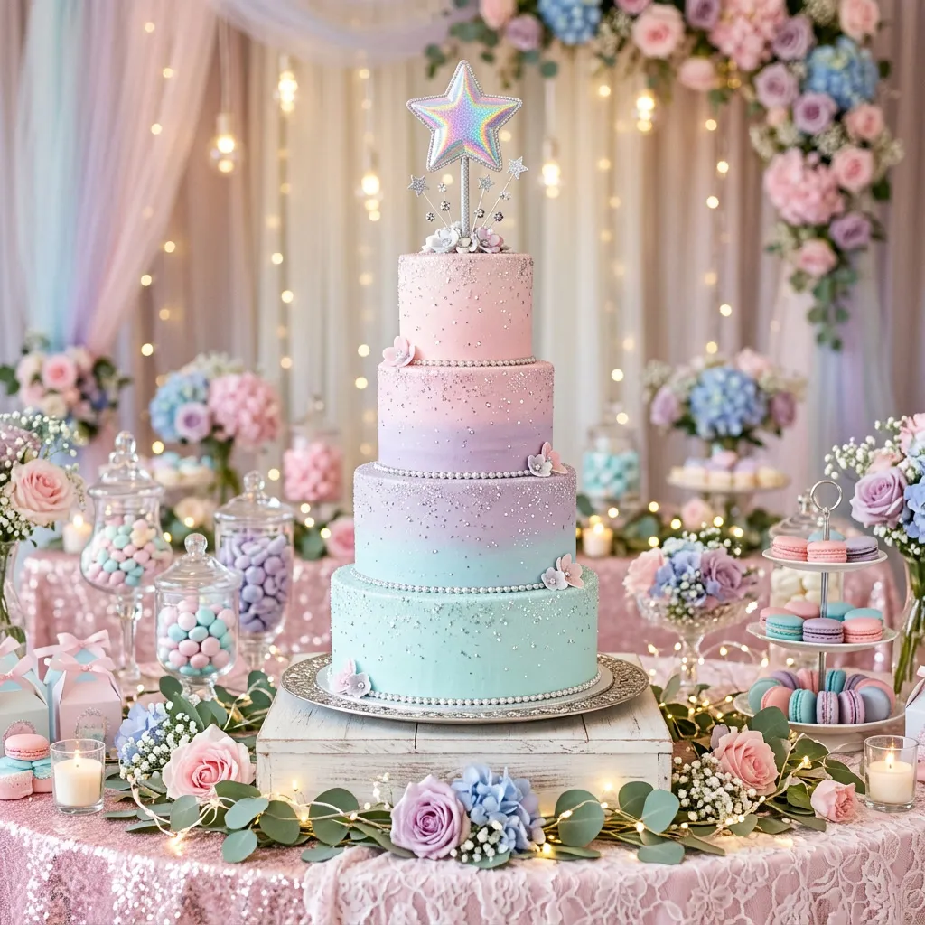 Torta de 15 pastel con ombre lavanda y cyan, sparkles edibles y topper de estrella holographic