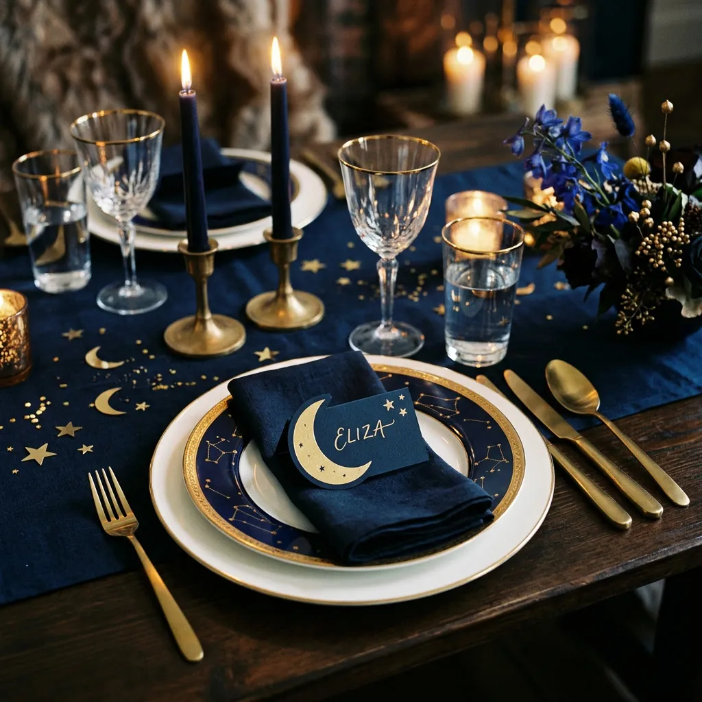 Mesa elegante con mantel navy, vajilla con borde dorado y tarjeta con luna y estrellas