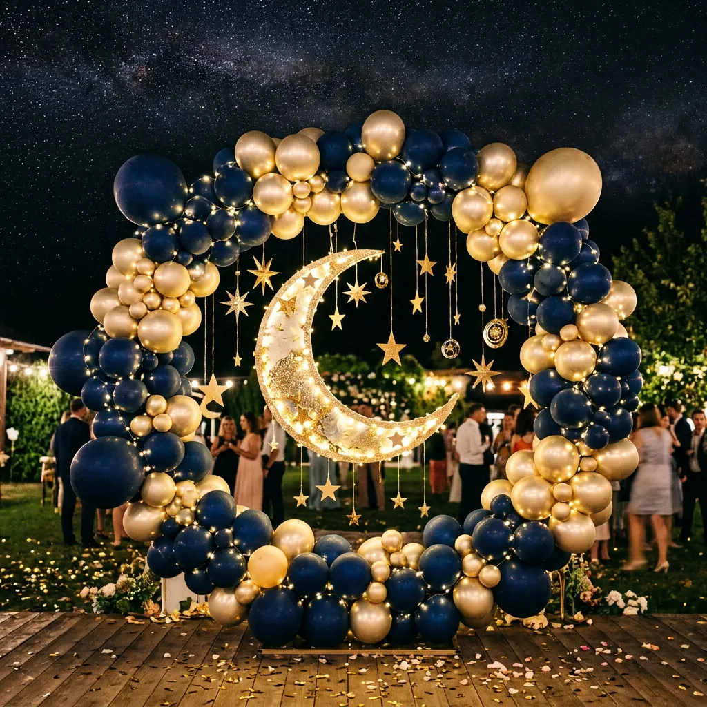 Arco de globos navy y dorado con estrellas colgantes y una luna creciente, luces cálidas