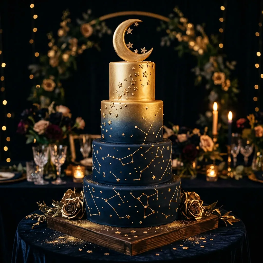 Torta de 15 con fondant navy y dorado, estrellas comestibles y topper de luna creciente