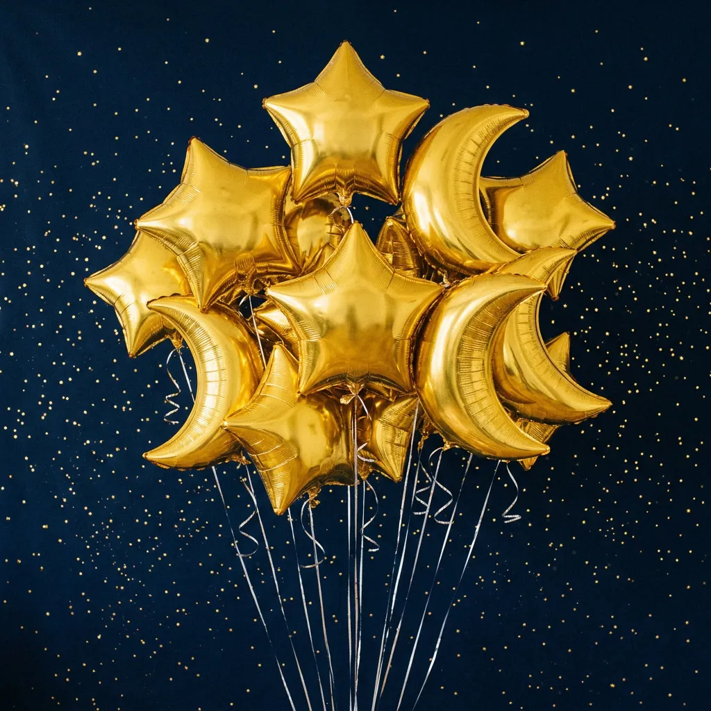 Globos metálicos con forma de estrella y luna creciente con cintas plateadas sobre navy