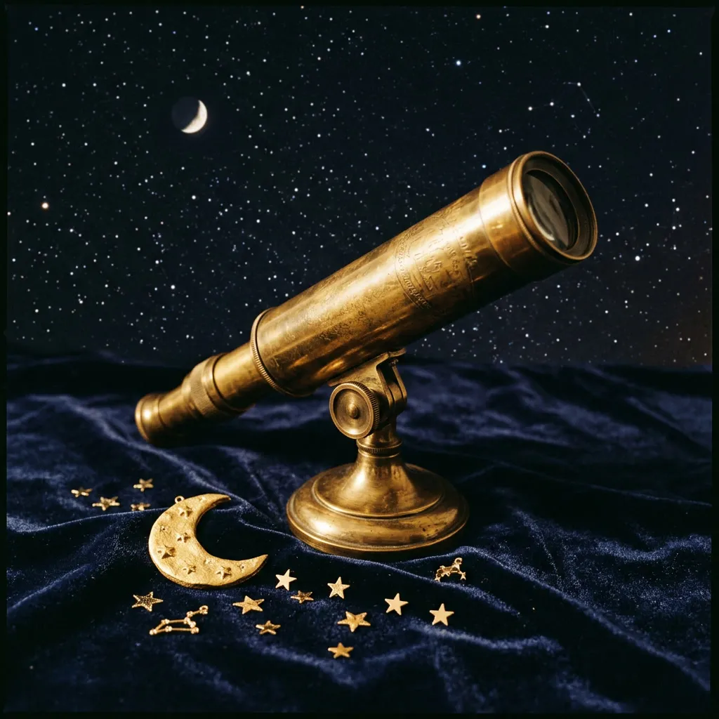 Telescopio de bronce vintage sobre terciopelo navy apuntando a un cielo estrellado