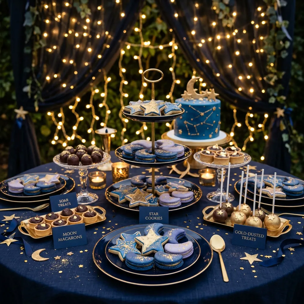 Mesa dulce celestial con galletas estrella, macarons luna y dulces con polvo dorado