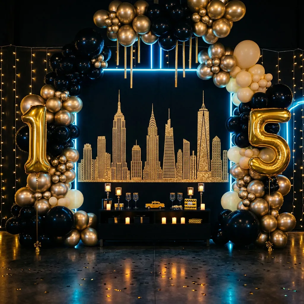 Skyline de Manhattan desde un rooftop con miles de luces doradas en los rascacielos