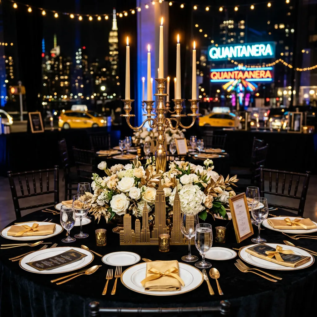 Mesa de fiesta de 15 con vajilla dorada, candelabros y flores junto a un ventanal con el skyline de Manhattan