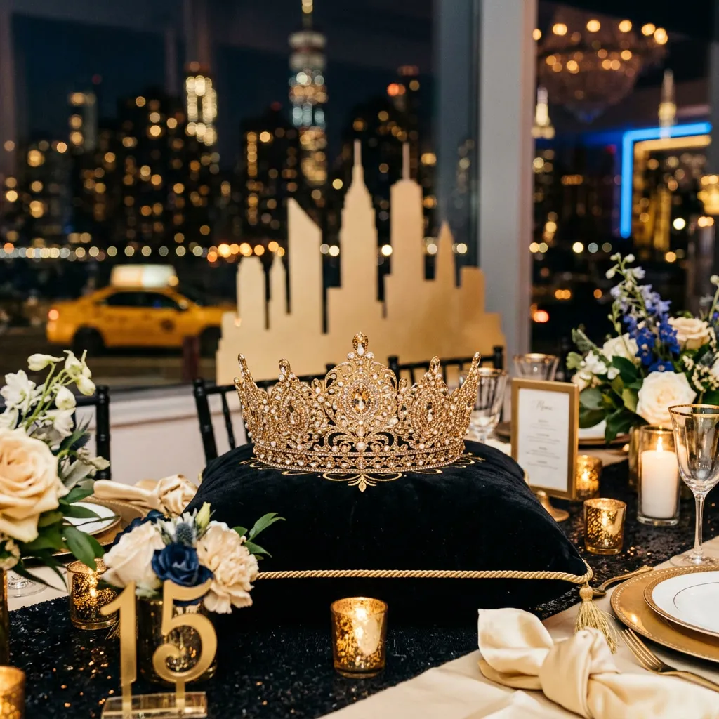 Corona de quinceañera dorada con cristales sobre un cojín de terciopelo negro y el skyline de Manhattan de fondo