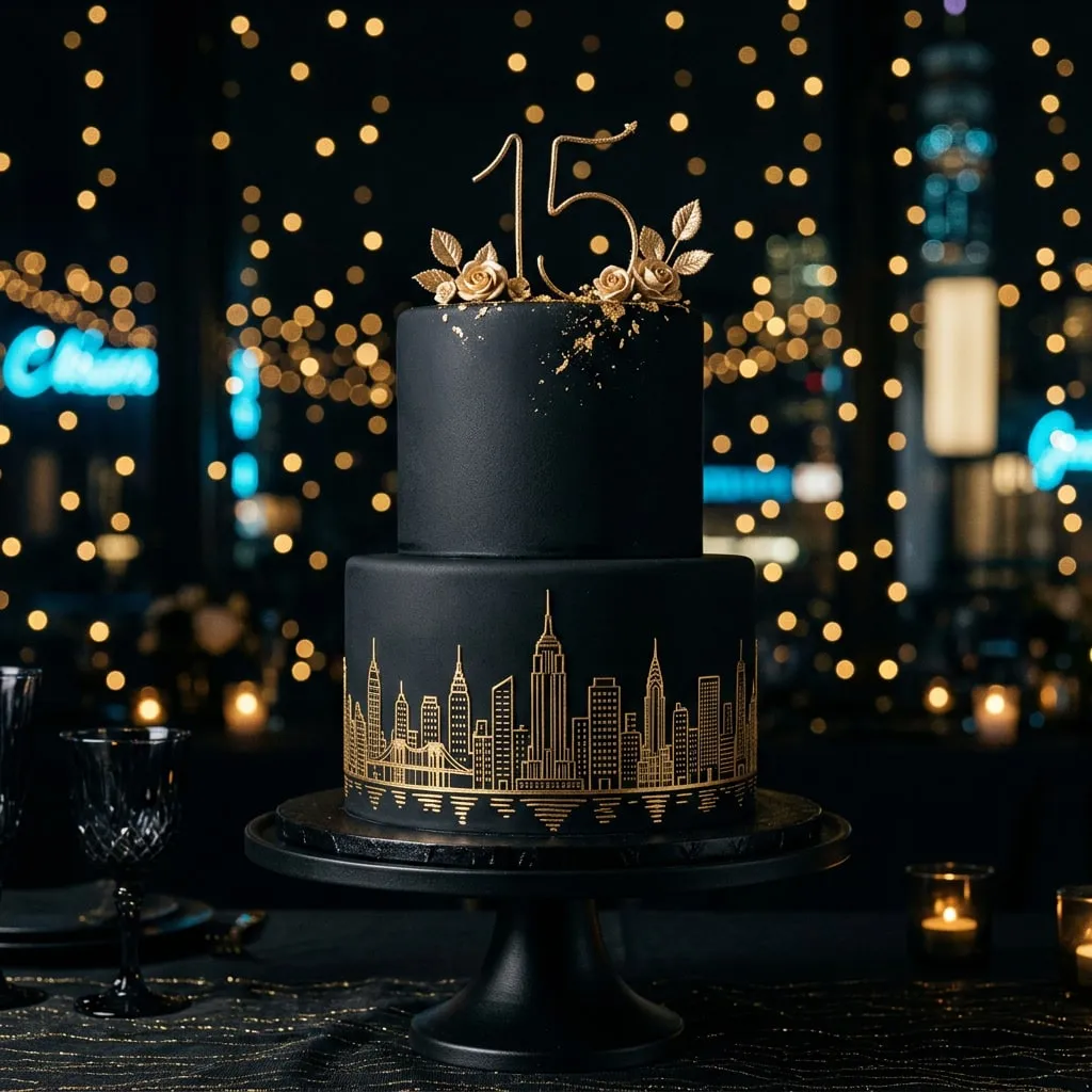 Torta de 15 negra minimalista con una silueta dorada de skyline comestible en la base
