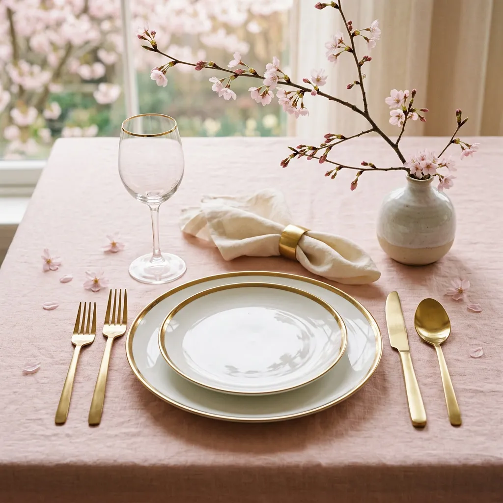 Mesa con mantel blush, vajilla con borde dorado y rama de cerezo en florero