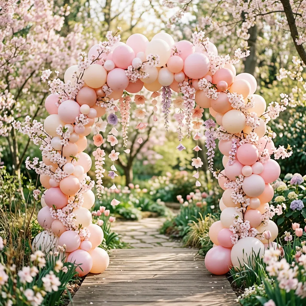 Arco de globos rosa y crema decorado con ramas de cerezo en flor