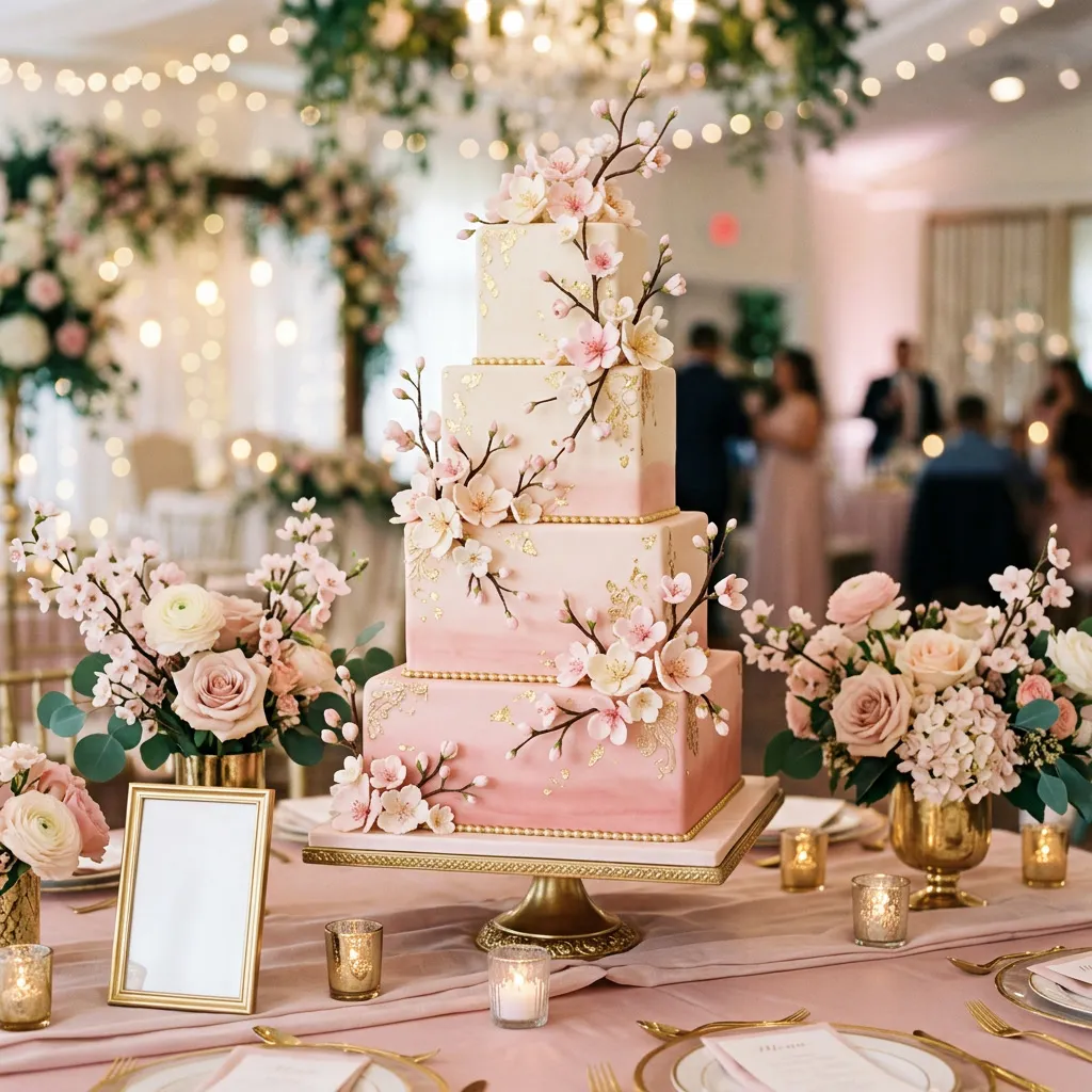 Torta de 15 con flores de cerezo de azúcar y ombre rosa y crema con dorado