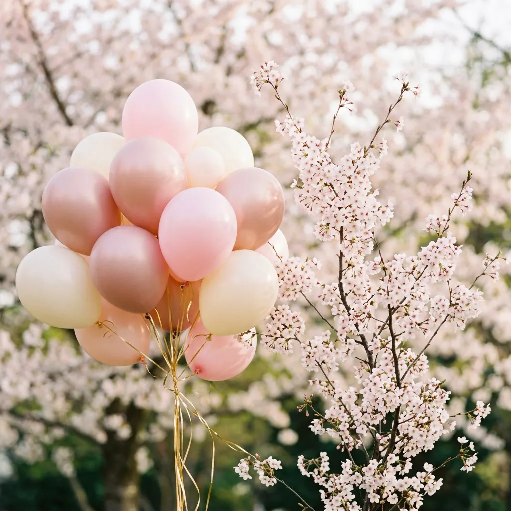 Globos rosa, blush y crema con cintas doradas junto a ramas de cerezo