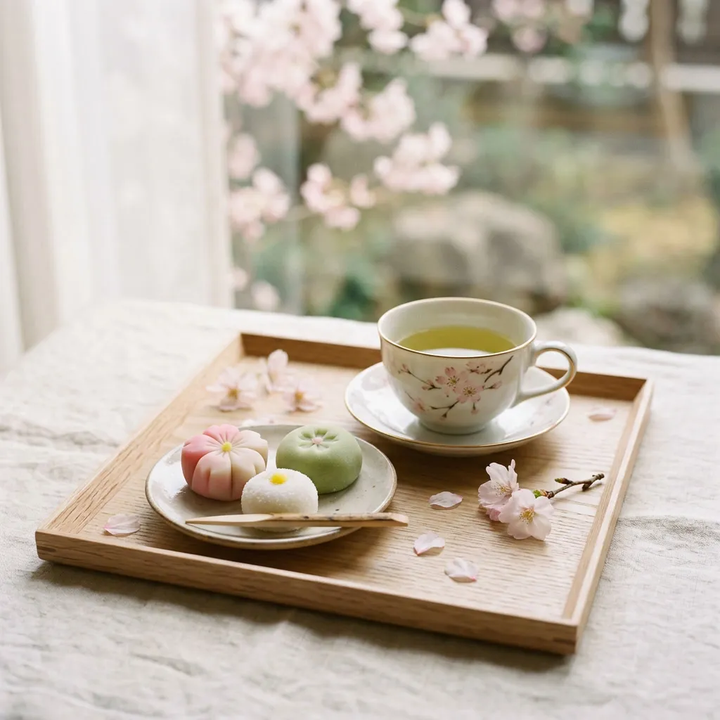 Taza de porcelana y dulces japoneses wagashi con pétalos de cerezo alrededor