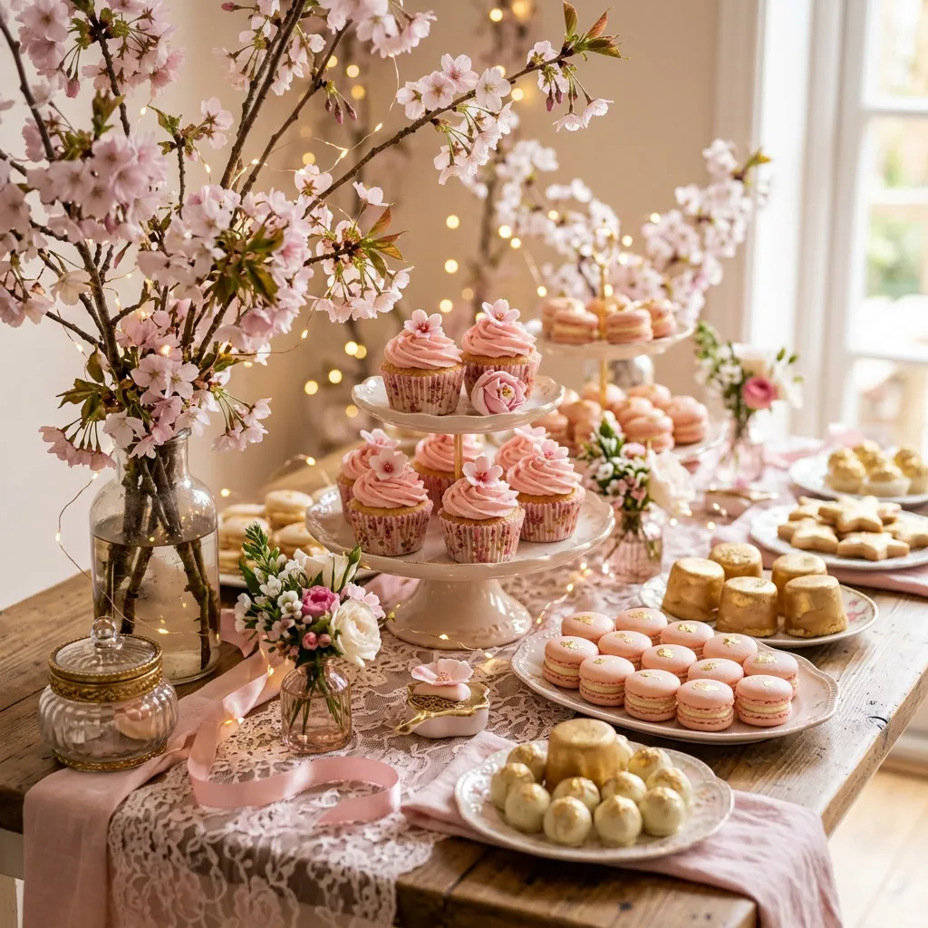 Mesa dulce con macarons rosa, cupcakes de cerezo y dulces con polvo dorado