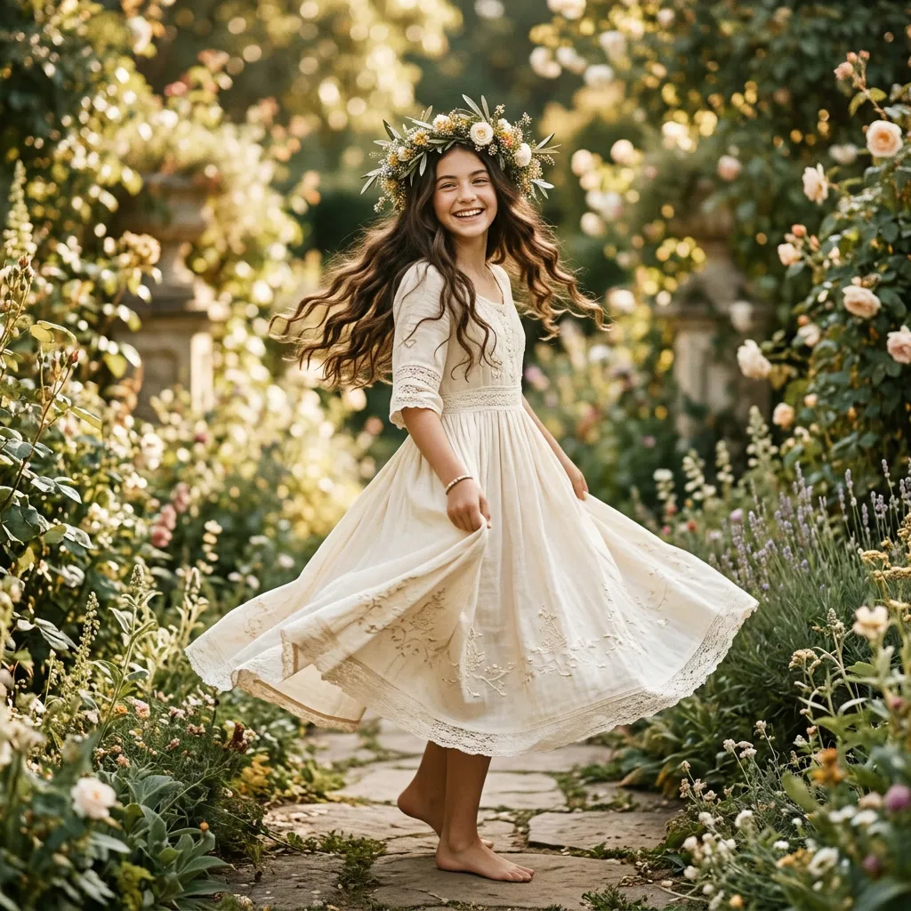 Quinceañera girando con su vestido crema en un jardín de rosas, estilo vintage