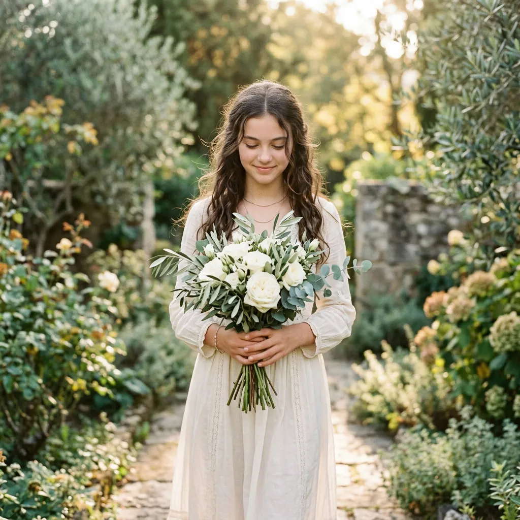 Quinceañera sosteniendo un ramo de rosas blancas y ramas de olivo, mirada suave