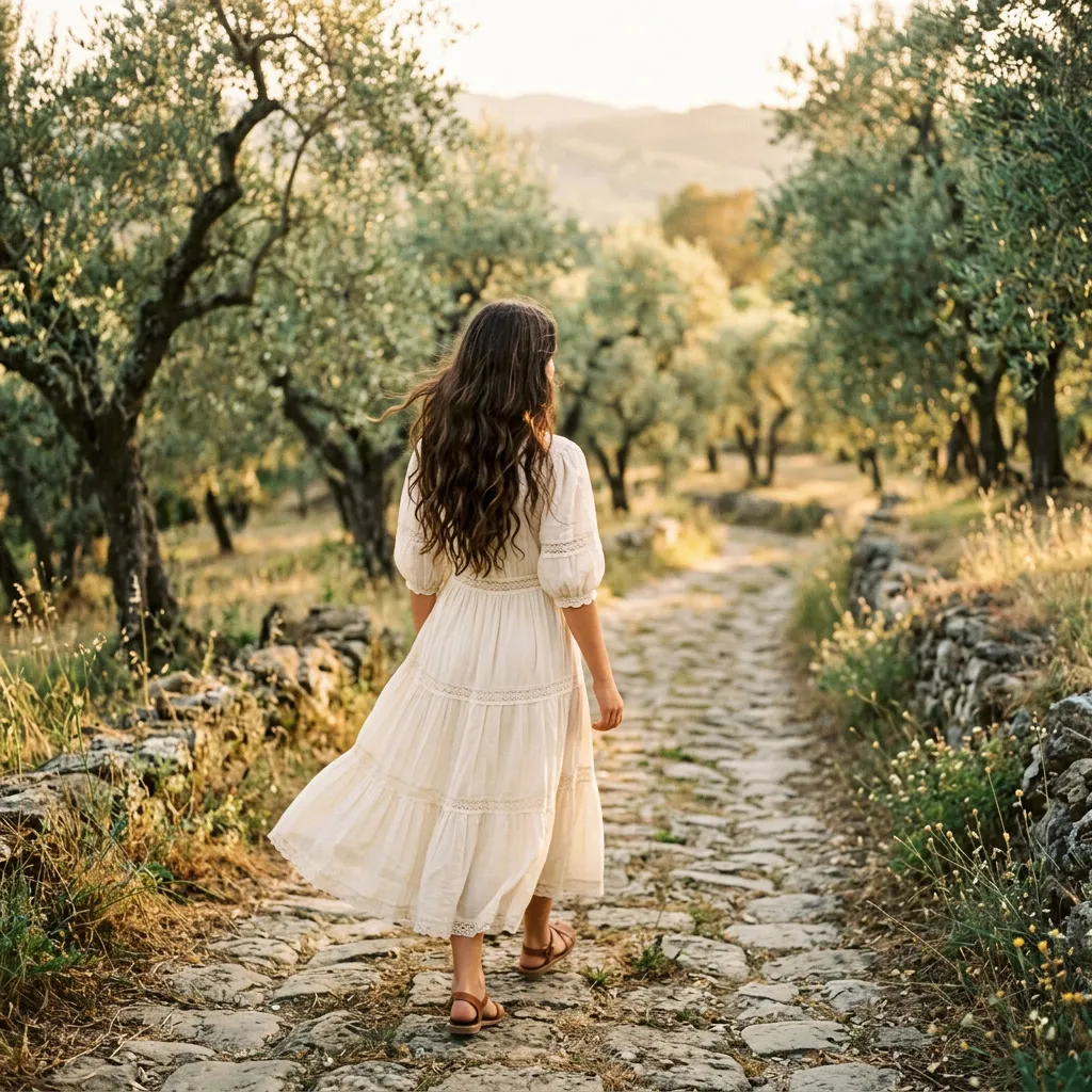 Quinceañera caminando por un sendero entre olivos a la luz dorada, de espaldas