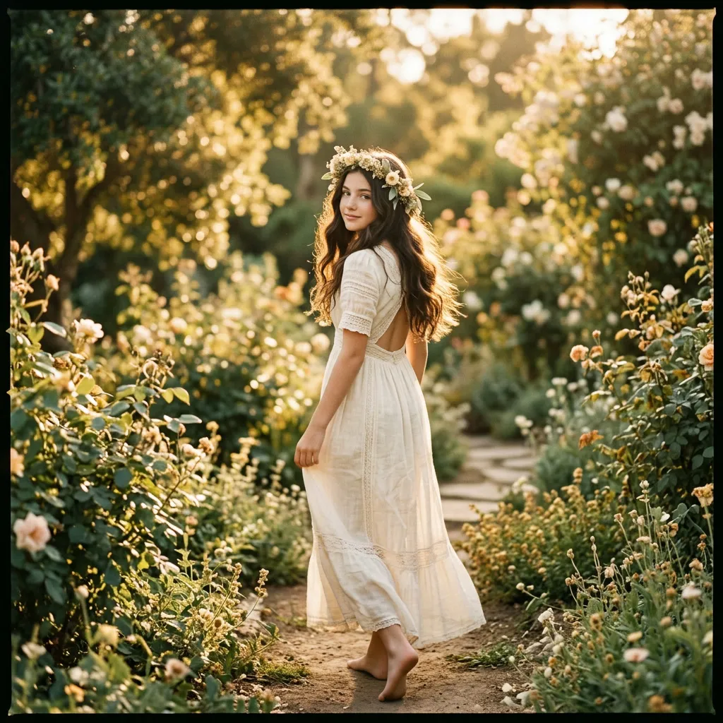 Quinceañera mirando por encima del hombro con sonrisa suave en un jardín al atardecer