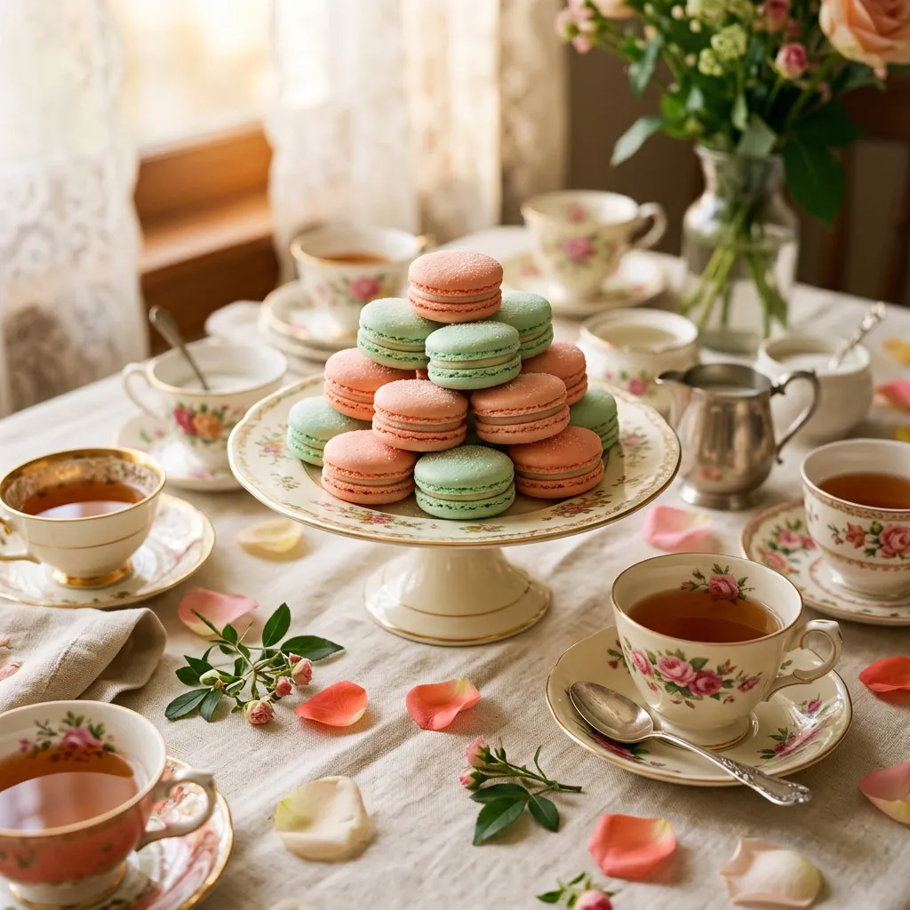 Torre de macarons coral y menta sobre soporte de porcelana con tazas florales